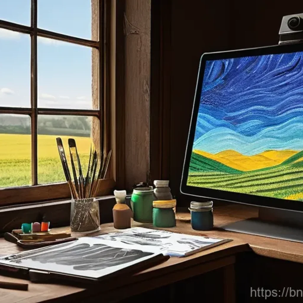 미술교육사와 디지털 교육 도구 활용 - **Prompt:** A dynamic, brightly lit art studio scene where a young, casually dressed artist (in thei...
