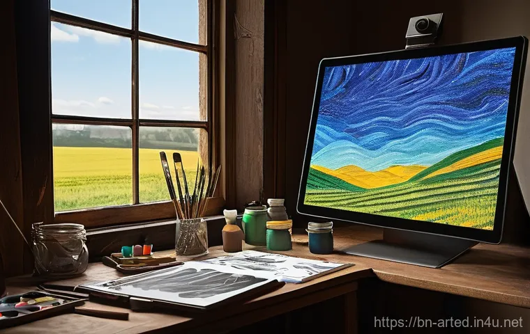 미술교육사와 디지털 교육 도구 활용 - **Prompt:** A dynamic, brightly lit art studio scene where a young, casually dressed artist (in thei...
