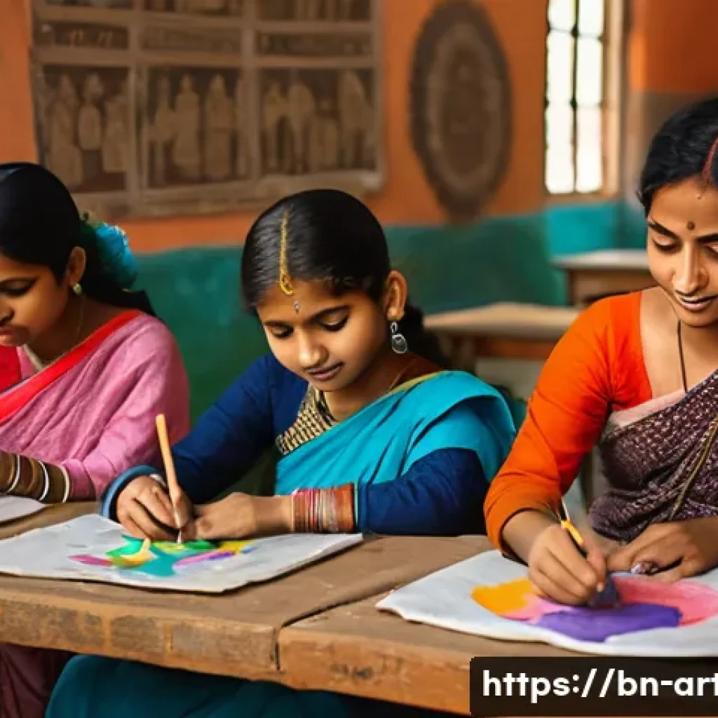 미술교육사와 미술사 교육의 융합 - A vibrant classroom scene in a Bengali art school, showing diverse students wearing modest clothing ...