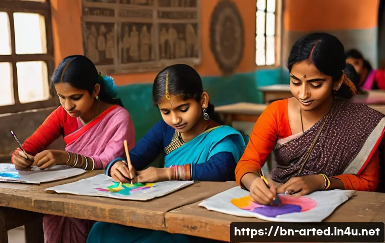 미술교육사와 미술사 교육의 융합 - A vibrant classroom scene in a Bengali art school, showing diverse students wearing modest clothing ...