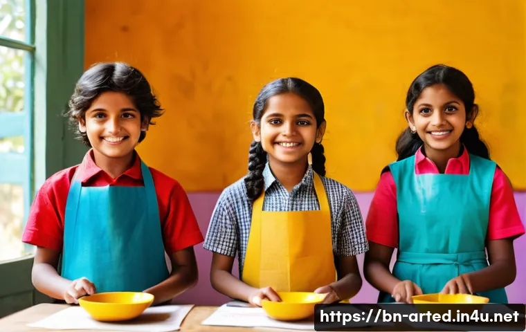 미술교육사와 예술 교육 철학 - A vibrant classroom scene featuring Bengali children wearing casual clothing and colorful aprons, en...