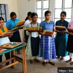 미술교육사 입문자를 위한 가이드 - A detailed scene of a Bengali art workshop showing a diverse group of adult students attentively lea...