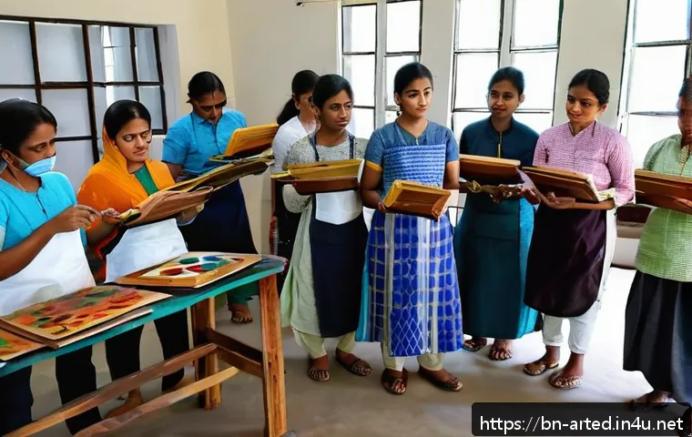 미술교육사 입문자를 위한 가이드 - A detailed scene of a Bengali art workshop showing a diverse group of adult students attentively lea...