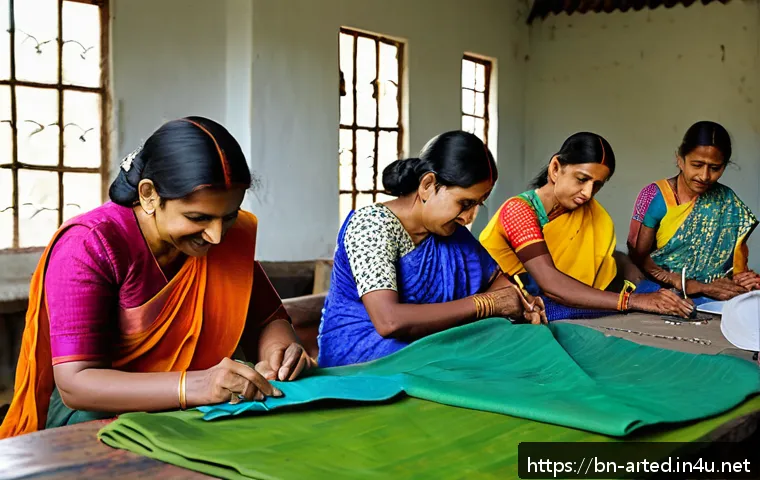 미술교육사와 협업 프로젝트 사례 - A vibrant rural craft workshop scene in Bengal, featuring women wearing traditional colorful sarees ...