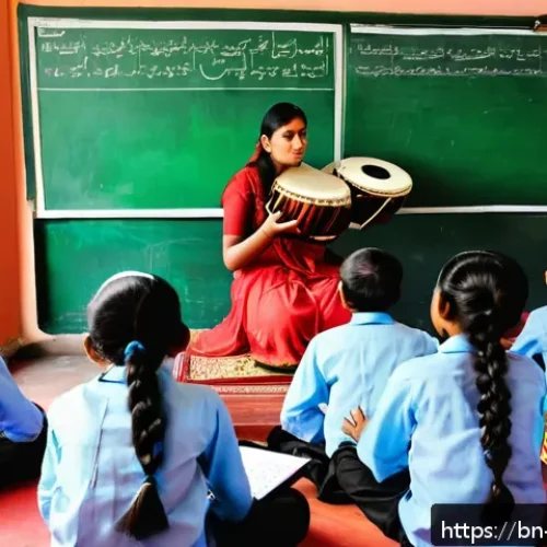 미술교육사 관련 최신 법규 - A vibrant classroom scene in Bangladesh showcasing modern music education: diverse Bangladeshi stude...