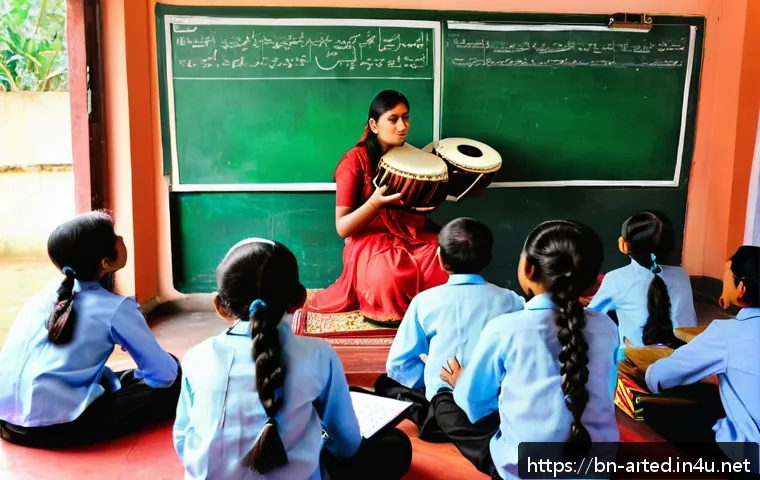 미술교육사 관련 최신 법규 - A vibrant classroom scene in Bangladesh showcasing modern music education: diverse Bangladeshi stude...
