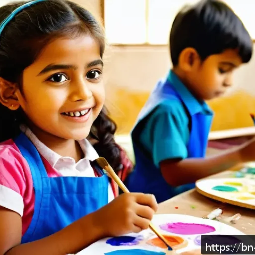 미술교육사 교육 프로그램 사례 - A vibrant classroom scene showing young Bengali children, around 5 to 7 years old, wearing colorful ...