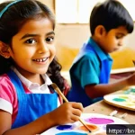 미술교육사 교육 프로그램 사례 - A vibrant classroom scene showing young Bengali children, around 5 to 7 years old, wearing colorful ...