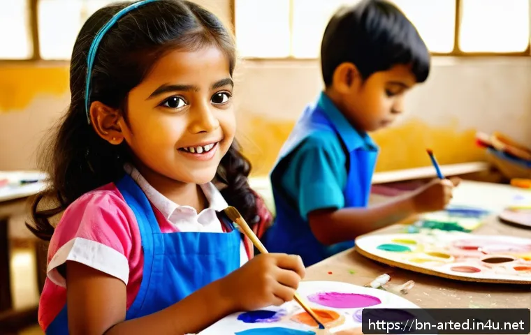 미술교육사 교육 프로그램 사례 - A vibrant classroom scene showing young Bengali children, around 5 to 7 years old, wearing colorful ...