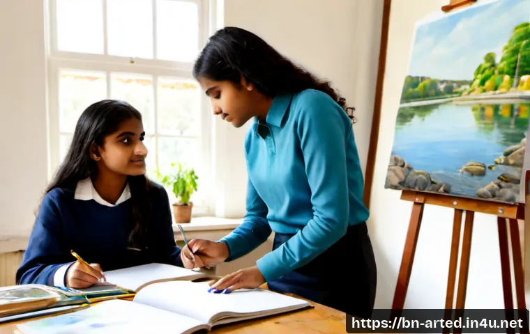 Home 17 미술교육사와 대학 입시 지도 - Photorealistic art education advisor guiding a high school student through a university art portfoli...