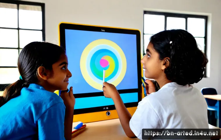 미술교육사로서의 기술적 도구 활용 - Photorealistic art educator guiding a small group of teenage students around a large touchscreen dis...